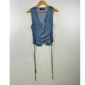 BBJ Los Angeles Denim Vest Lace Up Sides V Neck Button Front Sleeveless Womens M